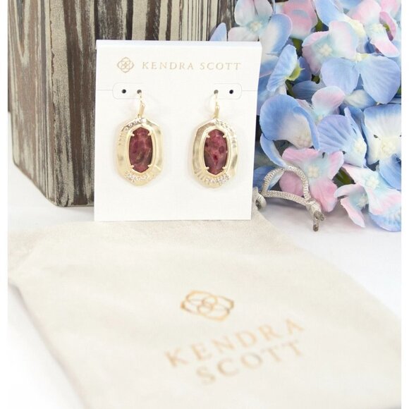 Kendra Scott Anna Bronze Veined Maroon Jade Gold Drop Dangle Earrings NWT - Picture 2 of 5